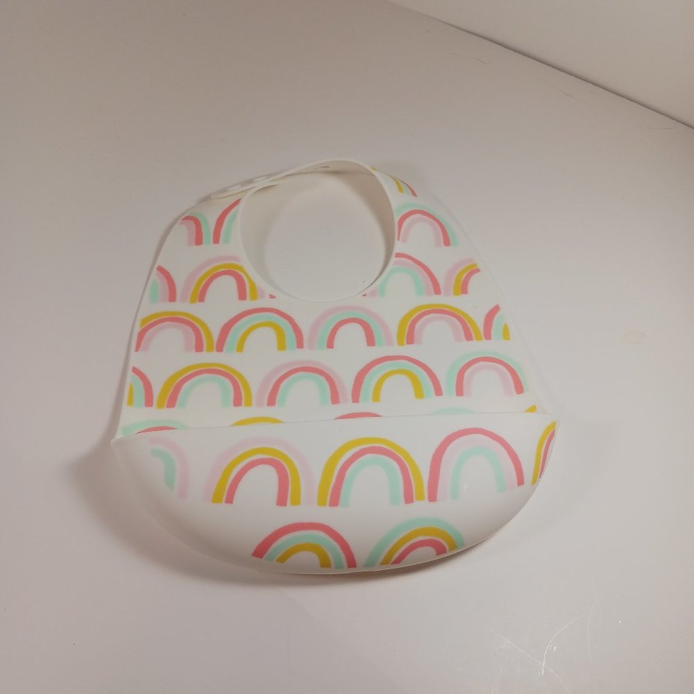 Cloud Island Pocket Bib Baby Food Catcher Silicone White Pink Green Rainbows